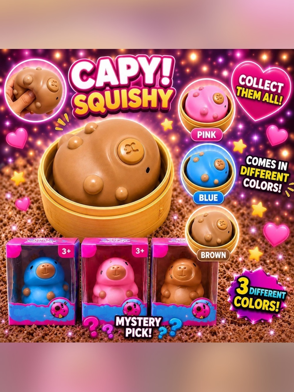 Capy! Squishy Capybara- Pink, Brown & Blue- Pick One!